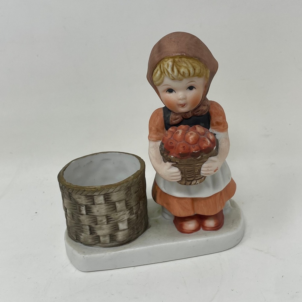 Little Luvkins Porcelain Candle Holder Figurine Girl with Apple Basket Vintage
